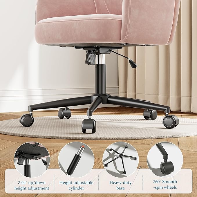 Vanity Chair with Wheels & Back,Pink Vanity Chair Adjustable Height Comfy Desk Chairs for Makeup, Work & Relaxation，Pink