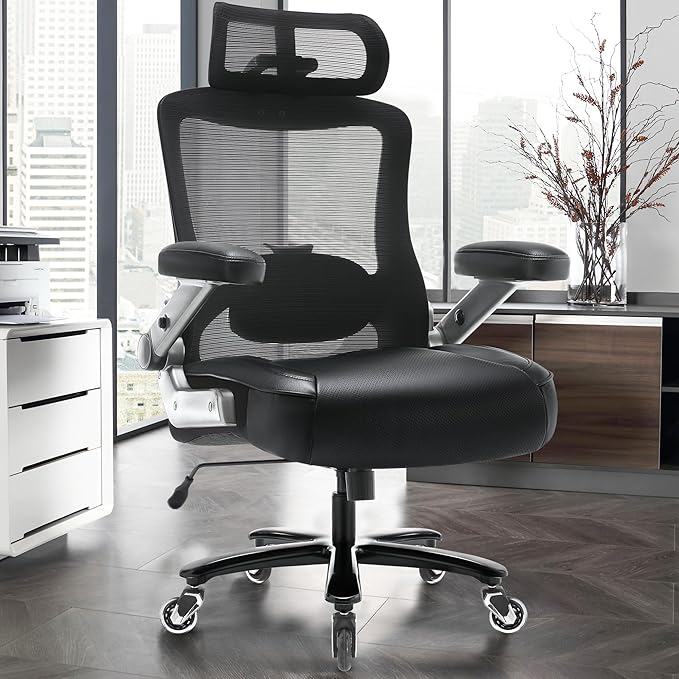 Big and Tall Office Chair 600lbs with 3D Flip Arms Adjustable Headrest - Heavy Duty Large Wheels Executive Computer Desk Chair, Ergonomic Lumbar Support Mesh High Back Plus Size Chair for Adults