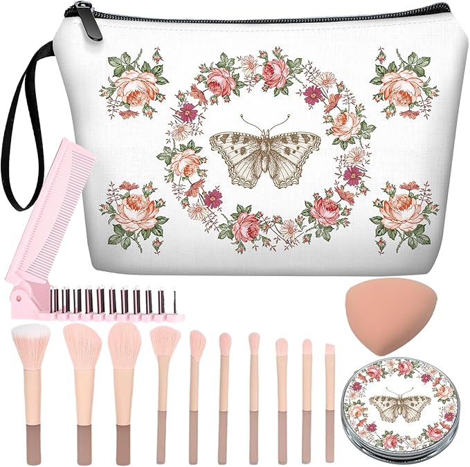 Personalized butterfly floral Makeup Bag set with Mirror for Women, white Butterfly travel Cosmetic bag kit Bride Bridesmaid with pink brush set,Butterflies Gifts for Women Mom femal Friends