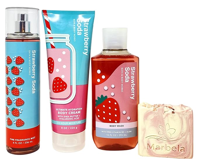 Bath & Body Works Strawberry Soda 3 Piece Bundle - Fragrance Mist - Body Cream and Body Wash - with a Himalayan Salts Springs Bar Soap - Full Size