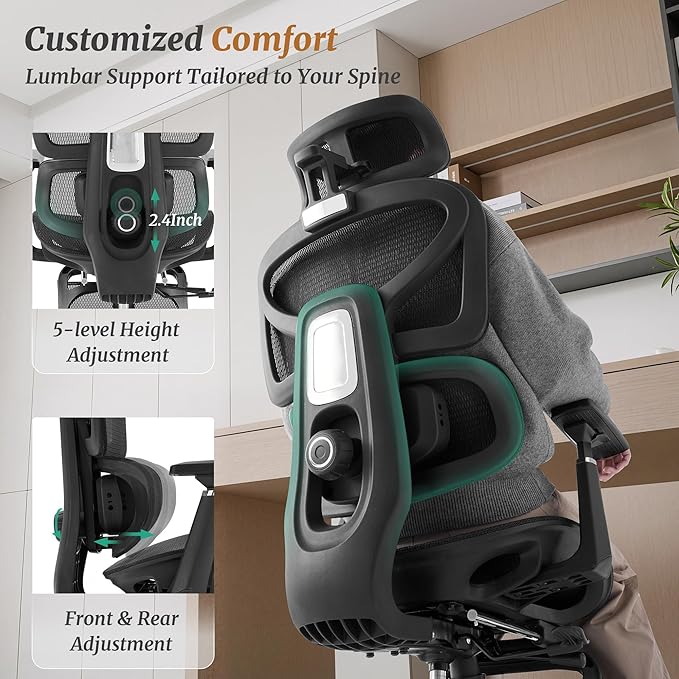 Ergonomic Office Chair with Footrest - 5-Level Adjustable Lumbar Support & 90-135°Recline, 3D Headrest & 4D Armrests, Breathable Mesh Seat Computer Chair for Home Office, Gaming, Black