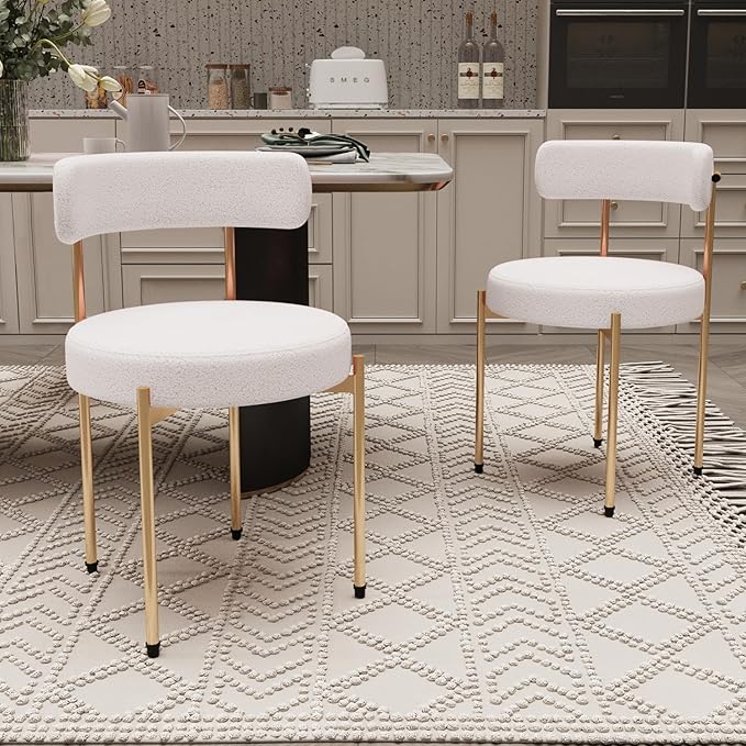 Desk Chair No Wheels Comfy Accent Chair for Living Dining Room Bedroom Home Office Mid Century Modern Upholstered Armless with Metal Legs (Gold Frame+White, 2)