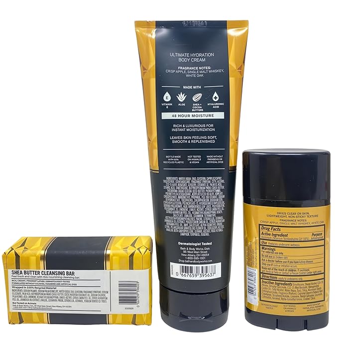 Bath & Body Works Men's Collection Whiskey Reserve Shea Butter Cleansing Bar Soap, Antiperspirant Deodorant and Ultimate Hydration Body Cream with Natural Oats Sample Soap