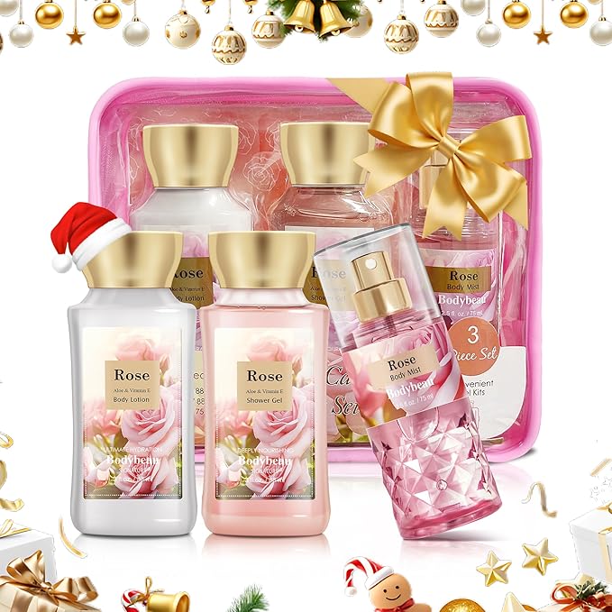 Bath and Body Gift Set for Women and Girls,Rose 3PCS Set - Shower Gel,Body Lotion,Body Mist,Personal Portable Body Care Travel Set,Home Spa Set for Birthday Mother's Day Gifts for Her