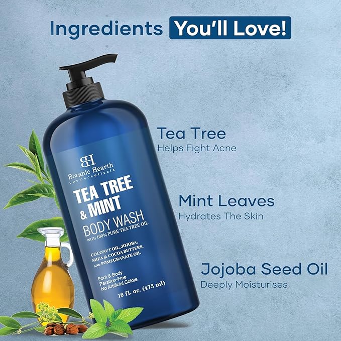 Botanic Hearth Tea Tree Oil Body Wash with Mint, 16 fl oz - Moisturizing, Soothing, Helps Control Fungal Infections, Deep Moisturization, Promotes Healthy Skin, Ethically Sourced