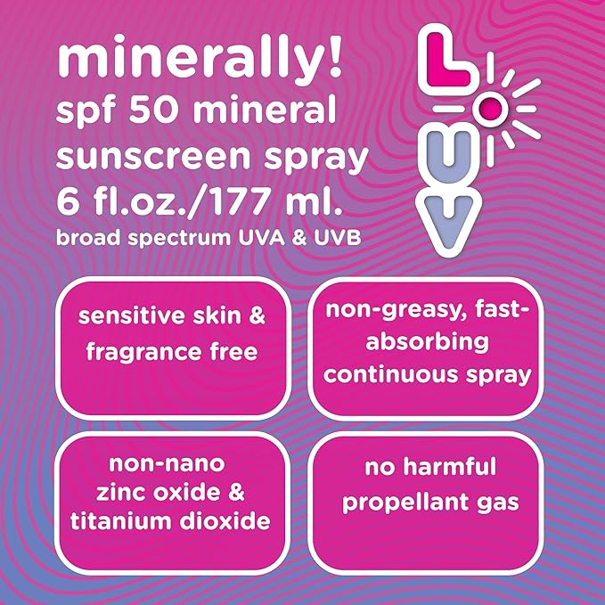 L-UV minerally! SPF 50 Sunscreen Spray, Broad-Spectrum Protection for UVA/UVB, Sensitive Skin Safe, Water-Resistant, Lightweight, Reef-Safe, Toxin-Free, Eco-Friendly Packaging, 6 oz