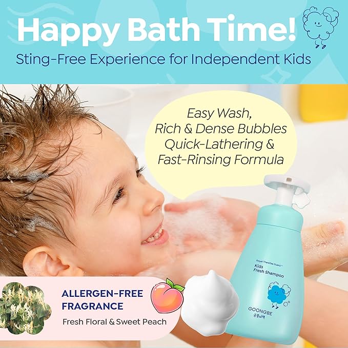 GOONGBE Kids Fresh Shampoo – Oily Scalp Deep Cleanse for Active Kids – Micellar Purifying with Moringa Extract – Silicone-Free Low pH, Allergen-Free, Korean K-Beauty Scalp Care, 10.1oz