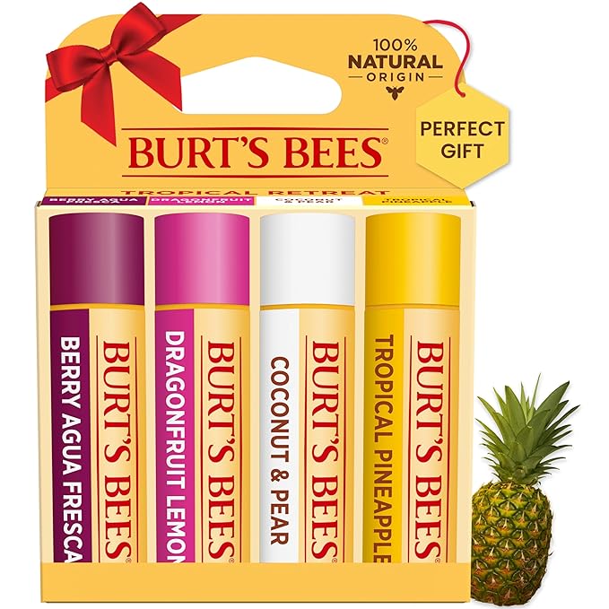 Burt's Bees Lip Balm - Berry Agua Fresca, Dragonfruit Lemon, Coconut & Pear, Tropical Pineapple Pack, With Beeswax, Tint-Free, Natural Origin Lip Treatment, 4 Tubes, 0.15 oz.