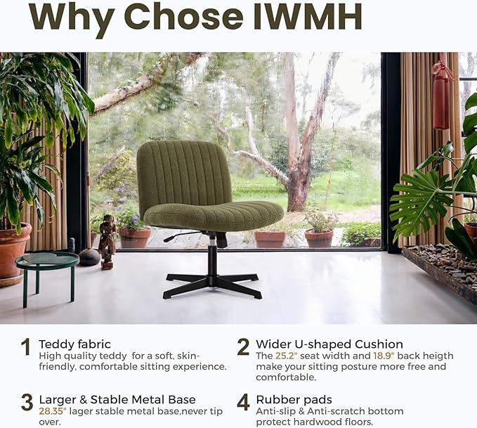 IWMH Criss Cross Velvet Armless Wide Office Chair - No Wheels, Cross Legged with Adjustable Height, Wide Seat, Desk Chair for Home, Office, Bedroom (Green)