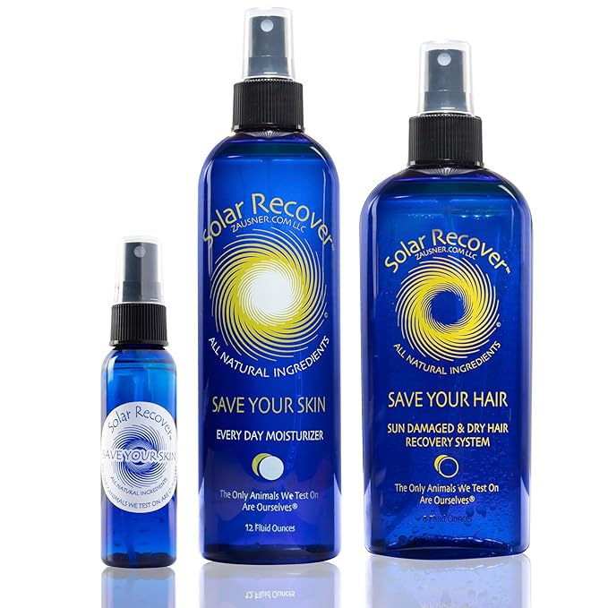 Solar Recover After Sun Moisturizing Spray & Hair Detangler Combo (3 Pack) - 12oz Full Size + 2oz Travel Size Hydrating Facial and Body Mist for Sunburn Relief + 8oz All Natural Leave-In Conditioner
