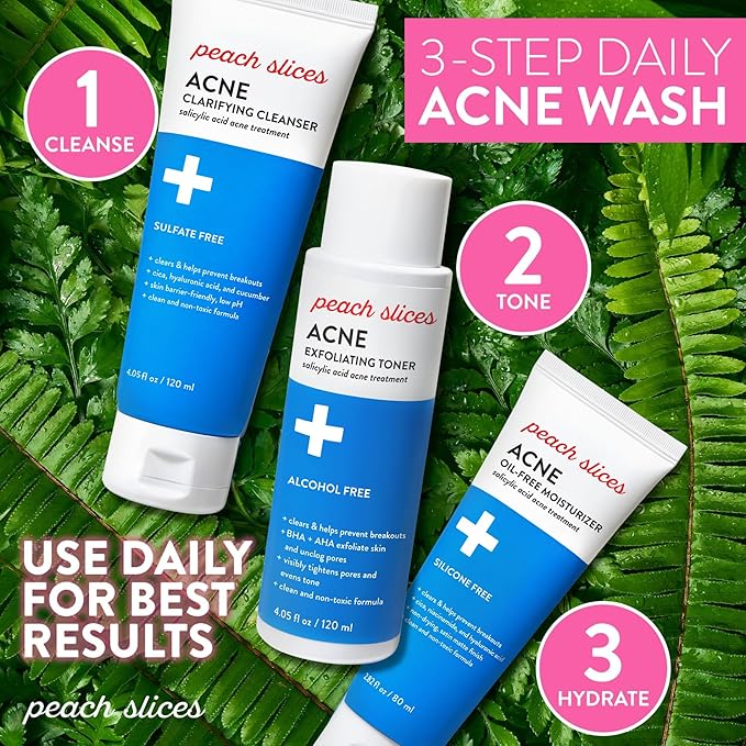 Peach Slices Acne Exfoliating Toner, Clarifying Cleanser & Oil-Free Moisturizer Acne Fighting Bundle | All Skin Types | Vegan & Cruelty Free