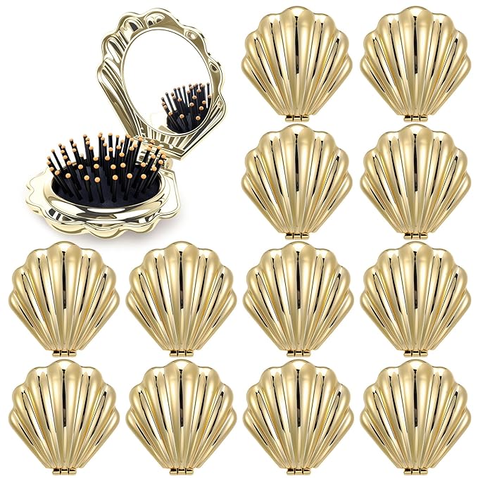 Meanplan 12 Pcs Mermaid Party Favors Shell Hair Brush with Mirror Foldable Mini Travel Pocket Hair Brush Compact Makeup Comb for Women Girls Valentines Day Birthday Gifts(Gold)