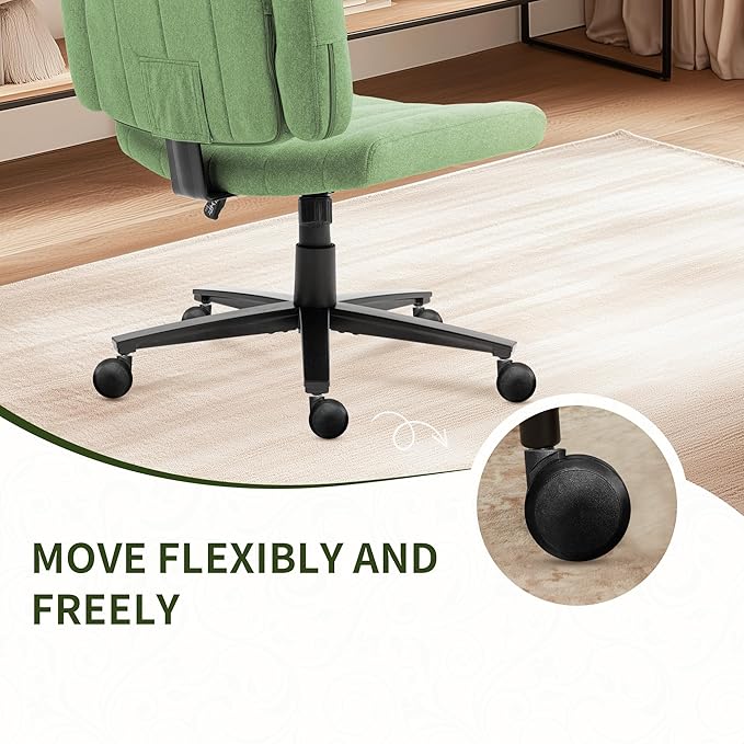 Green Criss Cross Office Chair with Wheels, Ergonomic Wide Seat Vanity & Dressing Table Chair, Adjustable Arms Swivel Rolling Desk Chair for Women, Comfortable Cross-Legged Support
