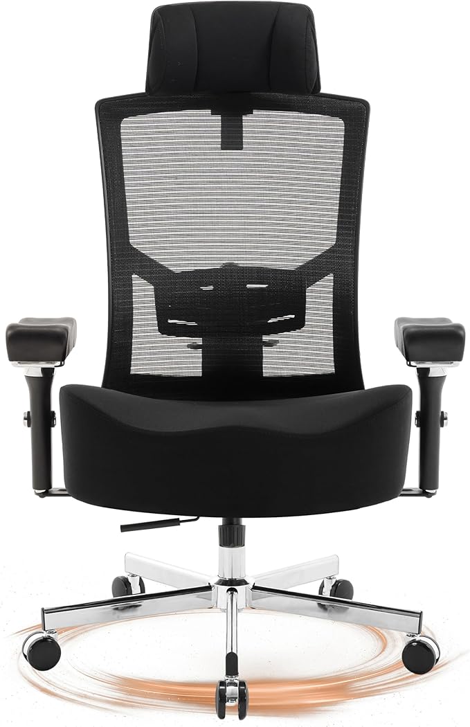600lbs Big and Tall Office Chair,Oversized Ergonomic Breathable Mesh Desk Chair with W-Shape Thicken Seat Cushion,Computer Chair Upgraded 4D Armrest with Adjustable Lumbar Support&Headrest