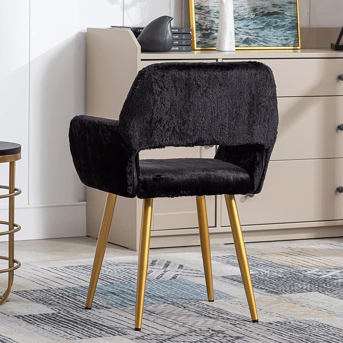 KCC Furry Desk Chair Set of 2, Mid-Century Modern Accent Faux Fur Chair for Teen Girls, Comfy Armchair with Wood Look Metal Legs for Living Dining Room, Home Vanity Makeup Office Desk Chairs No Wheel