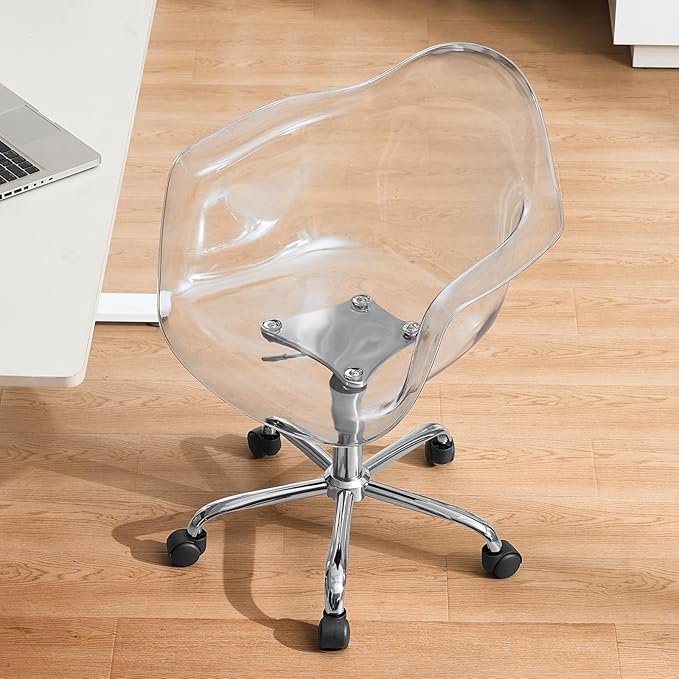 Lessmore Clear Desk Chair, Adjustable Acrylic Home Office Chair with Wheels, Swivel Vanity Rolling Chair Swivel Task Chair for Office, Home, Make Up, Small Space, Bed Room(Silver)