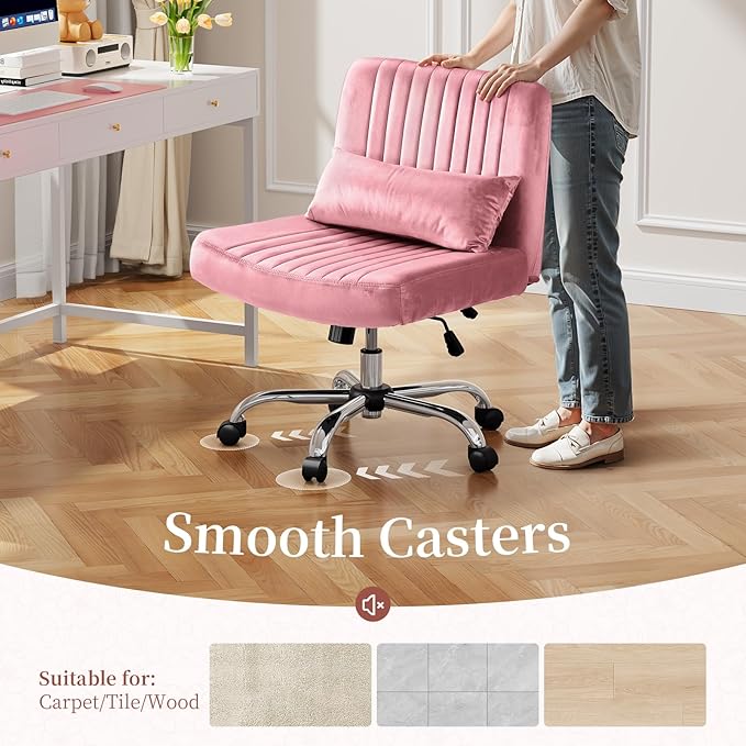 Warmiehomy Velvet Criss Cross Desk Chair with Wheels, Luxury Cross Legged Office Chairs for Home Office, Swivel Wide Seat Vanity Chair, Armless Adjustable Height Gaming Chair Gift, Rose Pink