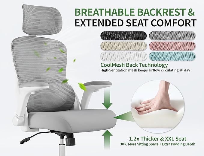 Ergonomic Office Chair - Computer Desk Chairs Comfy, Mesh High-Back Gaming Chair with Adjustable Lumbar Support, Executive Task Chair for Adults, Comfortable for Long Hours (Gray)