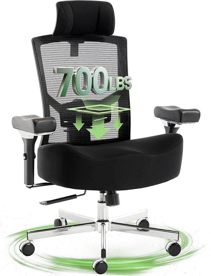 Big and Tall Office Chair 700lbs with Ergonomic W Wide Thick Seat Cushion, Oversized Mesh Desk Chair with Adjustable Lumbar for Heavy People, Computer Chair with 4D Armrest Headrest
