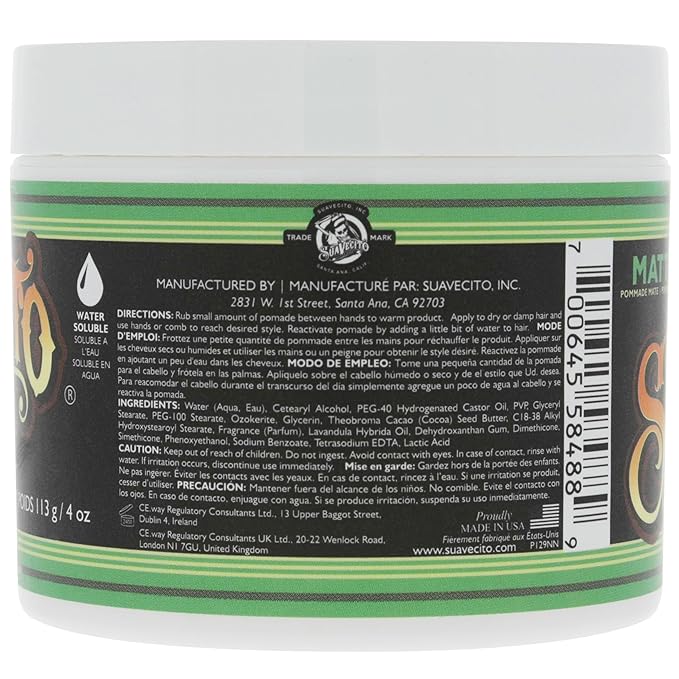 Suavecito Pomade Matte (No Shine) Formula 4 oz, 1 Pack - Medium Hold Hair Pomade For Men - Matte Hair Paste For Natural Texture Hairstyles