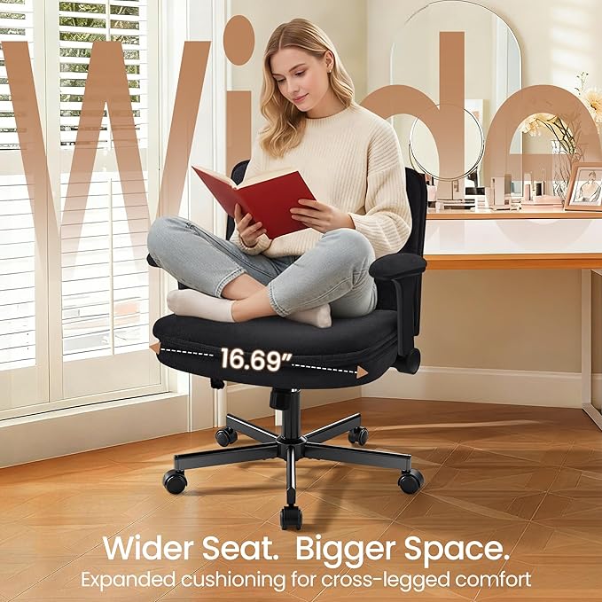 Criss Cross Office Chair with Wheels - Wide Seat Criss Cross Desk Chair with Flip-up Arms and Thick Cushion - Comfy Tilting Swivel Rolling Vanity Chair for Home Office Bedroom Apartment