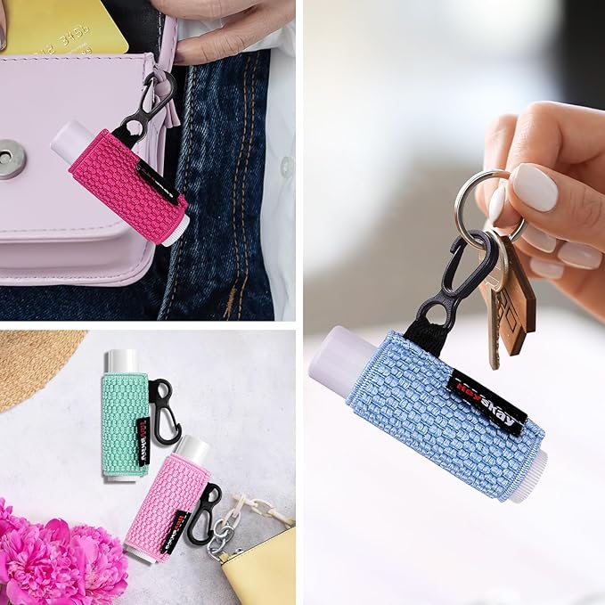 HEYSKAY 3PCS Lip Balm Holder Sleeves Keychain Lipstick Sleeves Lip Gloss Holder Keychain Chapstick Elastic Sleeves(Brown/light blue/purple)