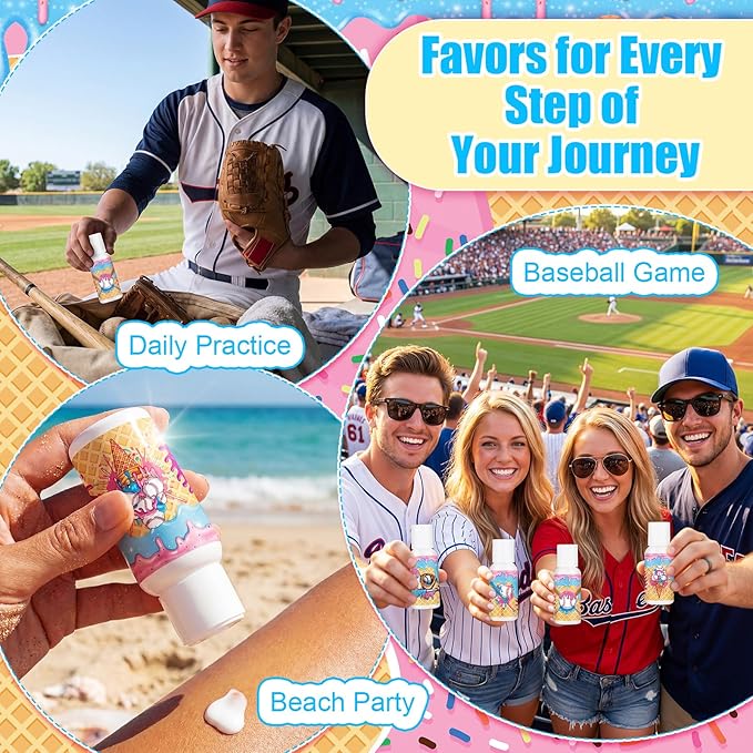 Demissle 24 Pcs Ice Cream Drip Baseball Mini Sunscreen Bulk SPF 30 Travel Size Sunscreen Ice Cream Drip Baseball Stuff Party Favors for Birthday Sports Team Summer Gifts, 1 Fl. oz