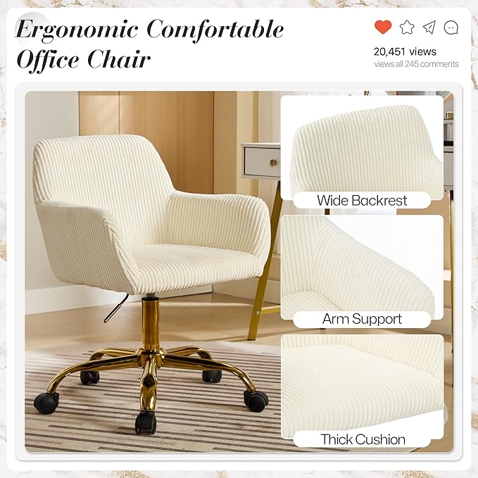 Faux Fur 360°Swivel Desk Chair, Height Adjustable Home Office Armchair with Golden Base for Teens Women Girls, Upholstery Computer Chair for Home Studios, Corduroy & Beige