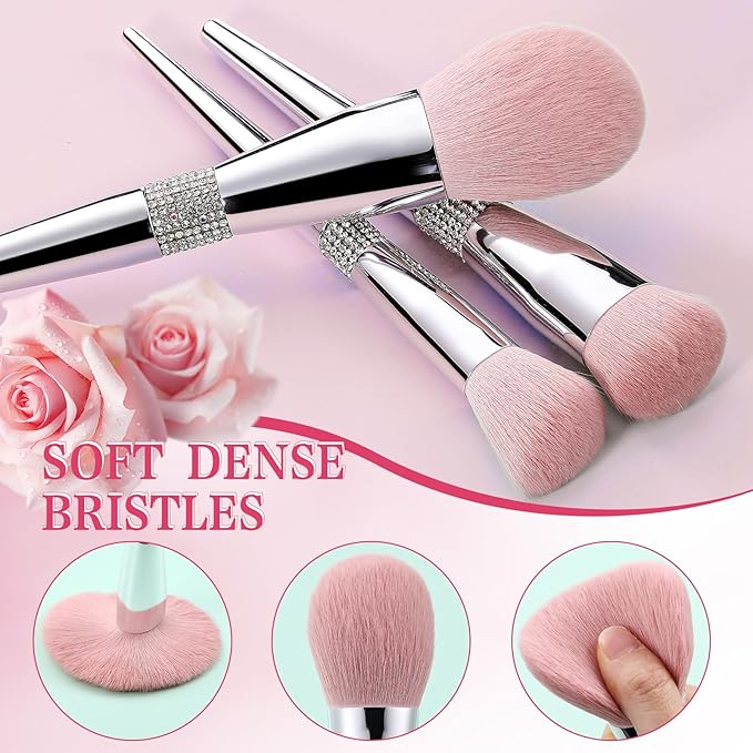 Baderke 11 Pcs Elegant Pink Soft Labeled Christmas Makeup Brushes Sets with Brush Holder Rhinestone Makeup Set with Silver Pink Foundation Powder Blush Blending Contour Brush