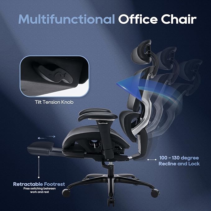 COLAMY Ergonomic Mesh Office Chair with Footrest, Executive High Back Computer Desk Chair with Wide Headrest and Adjustable 3D Arms, Fixed Tilt Lock and Lumbar Support (Black)