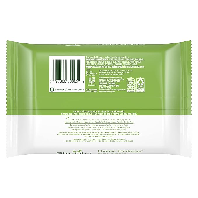 Simple Kind to Skin Facial Wipes Gentle and Effective Makeup Remover Cleansing Free from color and dye artificial perfume and harsh chemicals 25 Wipes (Pack of 3)