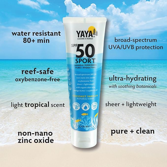 YAYA ORGANICS Sport Mineral Sunscreen Lotion, SPF 50, Reef-Friendly, Non-Nano Zinc Oxide, Water-Resistant, Pure + Hydrating, 3 oz, 2-pack