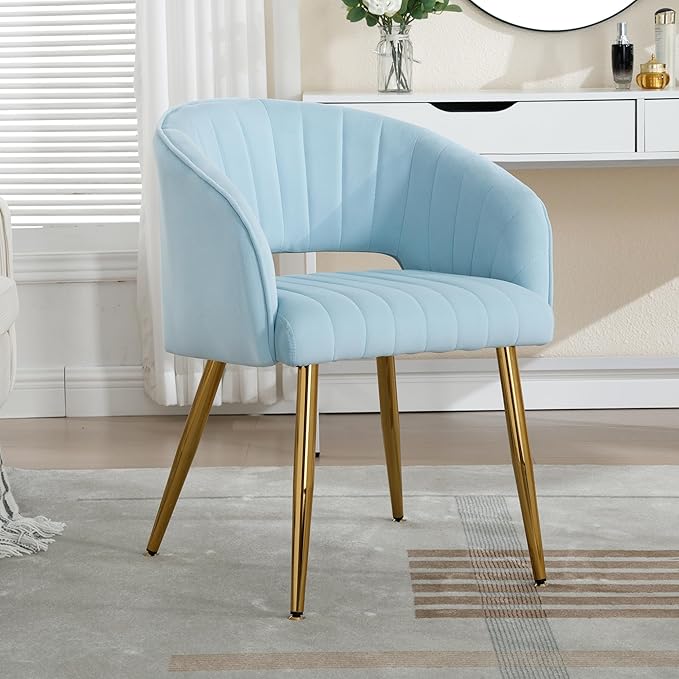 ABET Desk Chair with No Wheels, Velvet Home Office Armchair Gold Legs, Upholstered Modern Accent Chairs, Side Chair for Living Room Bedroom Vanity, Light Blue