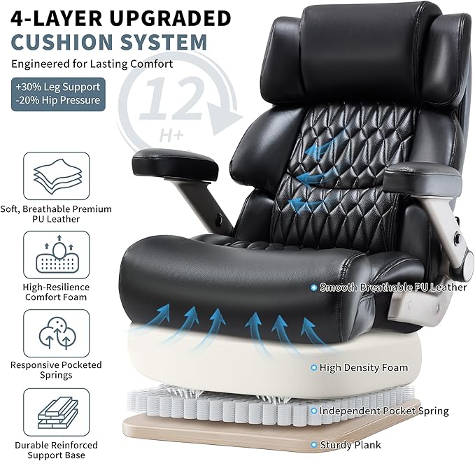Big and Tall Office Chair 700lbs- Large High Back Executive Computer Desk Chair with 3D Flip-Up Arms, Adjustable Lumbar Support, Extra Wide Plus Size Seat, Heavy Duty Metal Base & Quiet Rubber Wheels