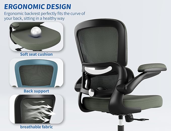 TRALT Ergonomic Office Chair - Desk Chair with Adjustable Lumbar Support Computer Chair - Mesh Comfy Chair with Flip-up Armrests - Gaming Chairs for Adults Home Office (PU Leather, Dark Green)