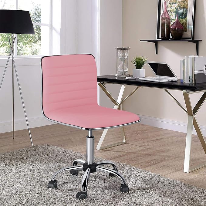 Yaheetech Pink Low Back PU Leather Ribbed Armless Office Chair, Ergonomic Swivel Task Chair with Wheels for Women