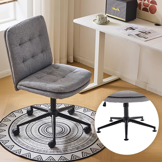 VINGLI Mid Back Armless Office Desk Chair with Wheels/no Wheels,360°Rocking Swivel Vanity Chair with Thickened Cushion,Adjustable Height Rolling for Reading Room, Make up, Linen Dark Grey