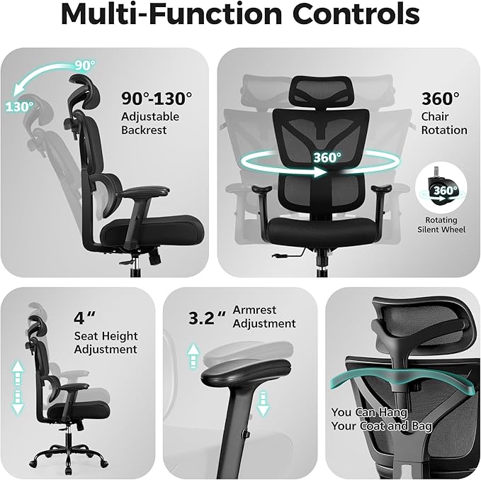 Ergonomic Office Chair High Back Desk Chair with Lumbar Support, Breathable Mesh Computer Chair with Adjustable Armrests Height, Reclining Big and Tall Gaming Chair for Home Office, (Black 2Pack