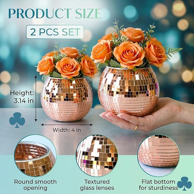 2 Pack Glass Disco Ball Makeup Brush with Smooth Grouting - Premium Mirror Mosaic Pencil Cup for Desk, Cute Pen Holder, Aesthetic Room Decor Gift (rose gold)