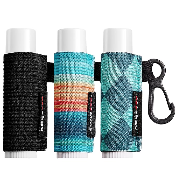HEYSKAY 3PCS Lip Balm Holder Sleeves Keychain Chapstick Holder Keychain Lip Gloss Holder Keychain Chapstick Elastic Sleeves(Black/Color strip/Geometrical pattern)
