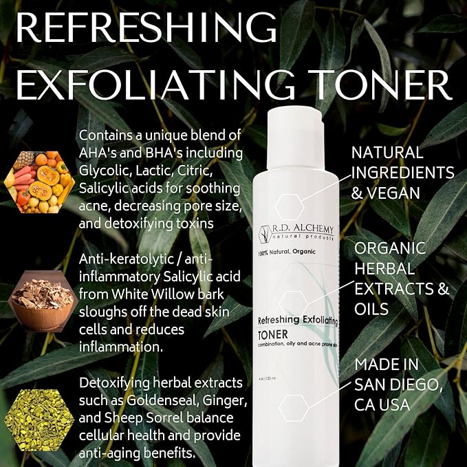 RD Alchemy - 100% Natural & Organic Refreshing Exfoliating Toner - Witch Hazel & Salicylic Acid Exfoliate, Freshen, & Brighten Skin - Perfect for Acne Prone & Oily Skin Types.