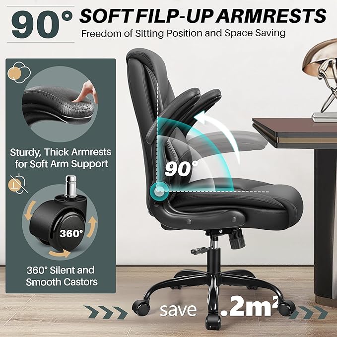 FelixKing Leather Office Chair - Small PU Ergonomic Desk Chair, Comfy Computer Chair with Wheels and Flip-up Armrests, Adjustable Height Mid Back Executive Office Chair for Short People-Black