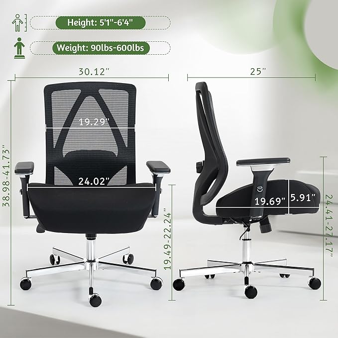 600LBS Big and Tall Office Chair,Ergonomic Mesh Office Chairs with Thicken Oversized Spring Cushion,Executive Computer Desk Chair Adjustable Upgraded 4D Armrests for Home Office,Black