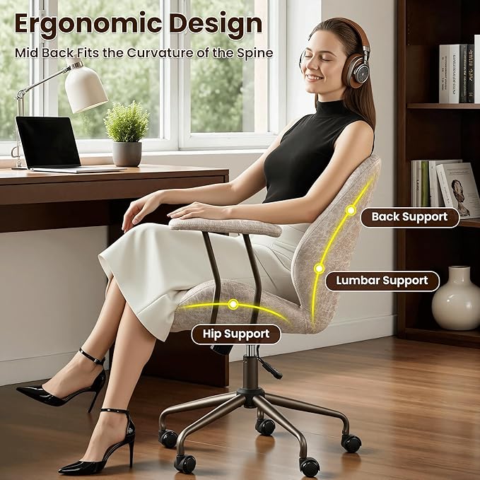 ovios Ergonomic Office Chair, Mid Back Faux Leather Executive Chairs with Armrests, Comfy Mid-Century Modern Swivel Rolling Computer Armchair (Beige, Suede Leather)