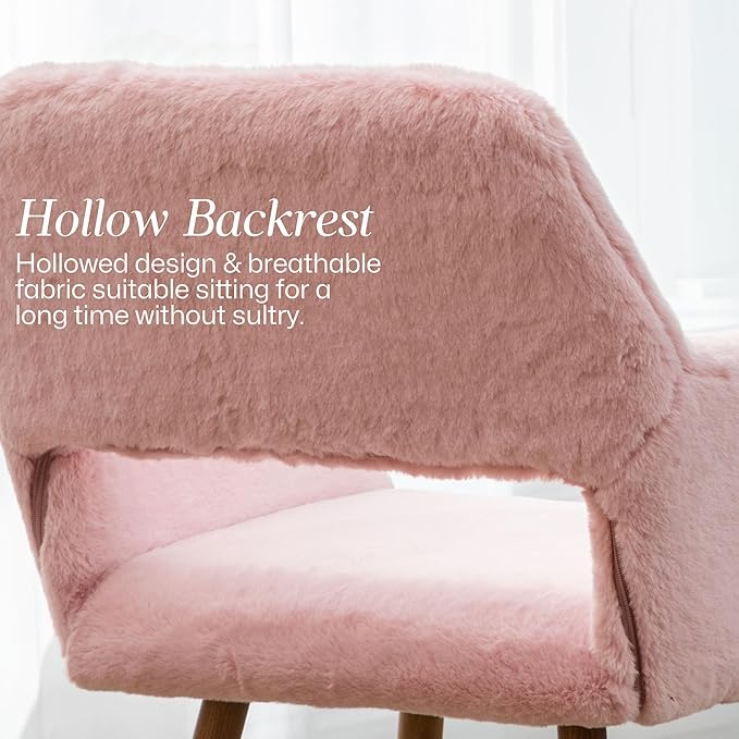 Home Office Faux Fur Desk Chair, Fluffy Makeup Vanity Chair, Comfy Accent Armchair with Wood Grain Metal Legs, Cute Dining with Hollowed Back, Pink