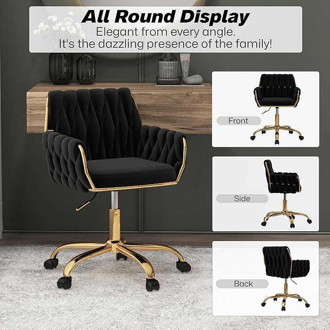 Woven 360°Swivel Desk Chair, Velvet Height Adjustable Home Office Armchair with Golden Base for Teens Women Girls, Upholstery Computer Chair for Home Studios and Office, Woven & Black