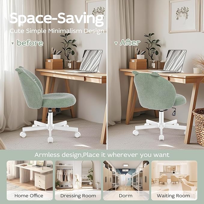 Vanity Chair with Cat Back,Armless Desk Chair Cute Small Office Chair,Teddy Fabric Computer Chair with Adjustable Height,120°Tilting,Rolling,Swivel for Vanity,Kids Room,Office,Bedroom Green