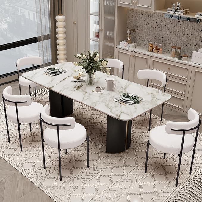 Boucle Dining Chairs Set of 6 Teddy Upholstered Dining Room Chairs Kitchen Chair with Metal Legs Mid Century Modern Chair for Dining Room, Kitchen (Black Frame+White, 6)
