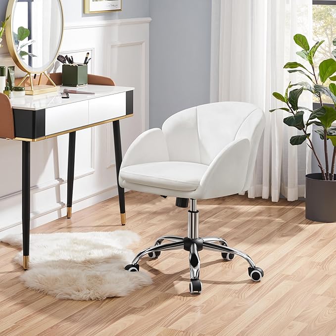 Yaheetech White Desk Chair Vanity Chair with Back Modern Faux Leather Swivel Rolling Office Computer Armchair for Living Room, Bedroom