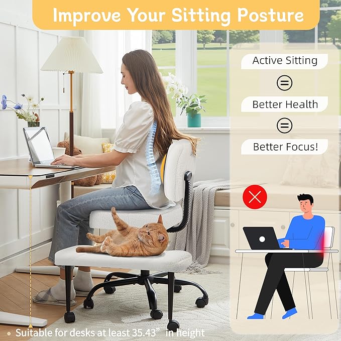 Criss Cross Legged Office Chair with Wheels,Swivel Meditation Chair for ADHD,Ergonomic Desk Chair with Thicken Adjustable Footstool,Fabric Sitting Fidgeting Kneeling Chair for Home Yoga Offwhite
